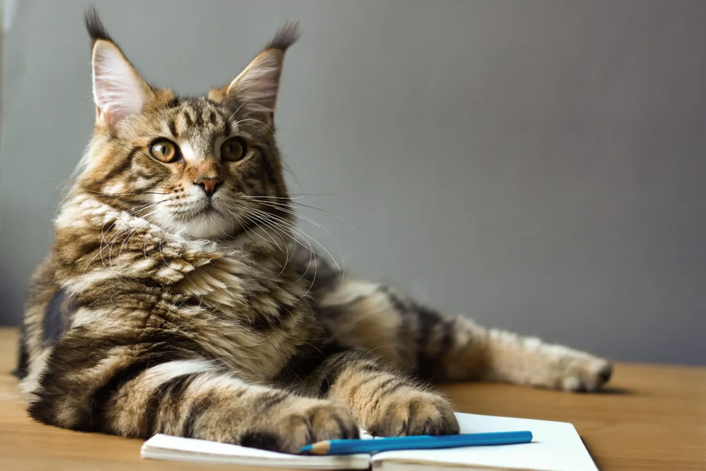 Chat allongé sur un cahier avec un crayon
